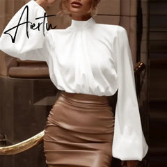 Women Fashion Satin Blouse Lantern Long Sleeve Shirts Autumn Elegant High Collar Casual Party Tunic Tops Streetwear Aiertu