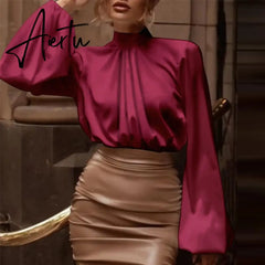 Women Fashion Satin Blouse Lantern Long Sleeve Shirts Autumn Elegant High Collar Casual Party Tunic Tops Streetwear Aiertu