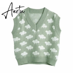 Women Fashion V Neck Cloud Pattern Knitting Sweater Female Sleeveless Casual Slim Vest Chic Leisure Pullovers Tops Aiertu
