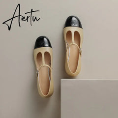 Women Genuine Leather Mary Janes Flat Shoes Brand Designer T-tied Buckle Mix-Color Shoes Lady 2023 New Preppy Aiertu
