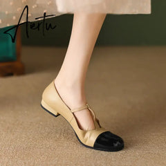 Women Genuine Leather Mary Janes Flat Shoes Brand Designer T-tied Buckle Mix-Color Shoes Lady 2023 New Preppy Aiertu