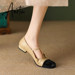 Women Genuine Leather Mary Janes Flat Shoes Brand Designer T-tied Buckle Mix-Color Shoes Lady 2023 New Preppy Aiertu