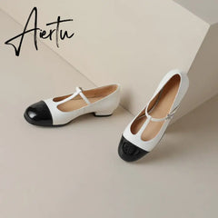 Women Genuine Leather Mary Janes Flat Shoes Brand Designer T-tied Buckle Mix-Color Shoes Lady 2023 New Preppy Aiertu