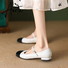 Women Genuine Leather Mary Janes Flat Shoes Brand Designer T-tied Buckle Mix-Color Shoes Lady 2023 New Preppy Aiertu