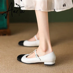 Women Genuine Leather Mary Janes Flat Shoes Brand Designer T-tied Buckle Mix-Color Shoes Lady 2023 New Preppy Aiertu