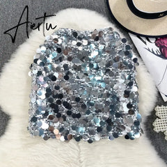 Women Glitter Sequins High Waist Sexy Short Skirt Party Fashion Vintage Luxury Skirts Goth Spring Summer Clothing Aiertu