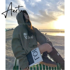 Women Green Hoodie Letter Print Drawstring Sweatshirt Korean Fashion Hip Hop Leisure Fleece Thicken Winter New Tops Pullover Aiertu