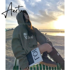 Women Green Hoodie Letter Print Drawstring Sweatshirt Korean Fashion Hip Hop Leisure Fleece Thicken Winter New Tops Pullover Aiertu