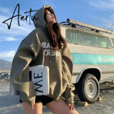 Women Green Hoodie Letter Print Drawstring Sweatshirt Korean Fashion Hip Hop Leisure Fleece Thicken Winter New Tops Pullover Aiertu