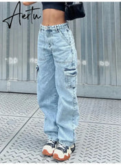Women High Waist Baggy Jeans Flap Pocket Side Relaxed Fit Straight Wide Leg Cargo Jeans Slim Streetwear Boyfriend Jeans Trousers Aiertu