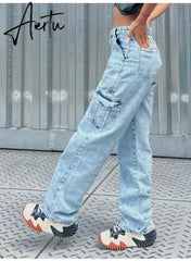 Women High Waist Baggy Jeans Flap Pocket Side Relaxed Fit Straight Wide Leg Cargo Jeans Slim Streetwear Boyfriend Jeans Trousers Aiertu