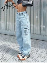 Women High Waist Baggy Jeans Flap Pocket Side Relaxed Fit Straight Wide Leg Cargo Jeans Slim Streetwear Boyfriend Jeans Trousers Aiertu