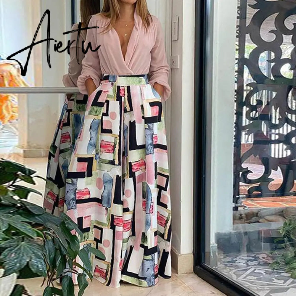 Women High Waist Trouser Set Casual Ladies Long Sleeve Shirts+Wide Leg Pants Suit Fashion Deep V Pattern Print Two Piece Outfits Aiertu