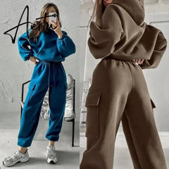 Women Hooded Tracksuit Two Pieces Set Sweatshirts Pullover Hoodies Pockets Pants Suit Drawstring Trousers Sports Outfits Autumn Aiertu