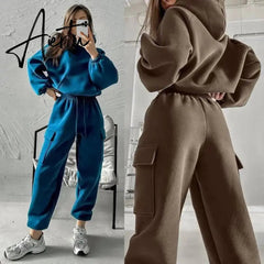 Women Hooded Tracksuit Two Pieces Set Sweatshirts Pullover Hoodies Pockets Pants Suit Drawstring Trousers Sports Outfits Autumn Aiertu