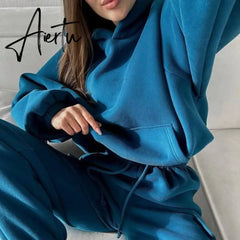 Women Hooded Tracksuit Two Pieces Set Sweatshirts Pullover Hoodies Pockets Pants Suit Drawstring Trousers Sports Outfits Autumn Aiertu