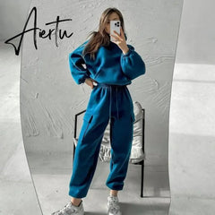 Women Hooded Tracksuit Two Pieces Set Sweatshirts Pullover Hoodies Pockets Pants Suit Drawstring Trousers Sports Outfits Autumn Aiertu