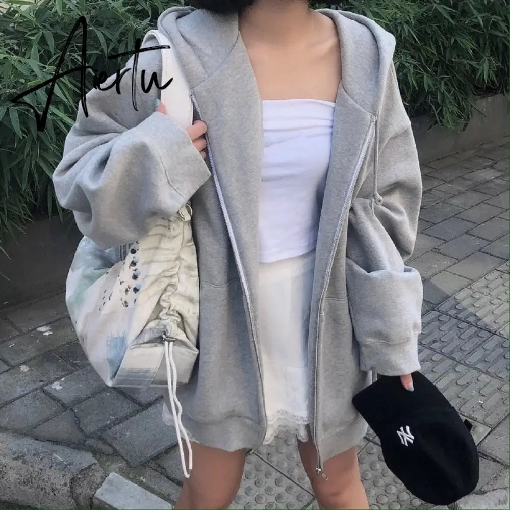 Women Hoodies Harajuku Korean Version Zip Up Loose Oversized Sweatshirts Casual Solid Color Long Sleeve Hooded Sweatshirt Coats Aiertu
