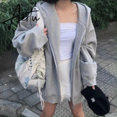 Women Hoodies Harajuku Korean Version Zip Up Loose Oversized Sweatshirts Casual Solid Color Long Sleeve Hooded Sweatshirt Coats Aiertu