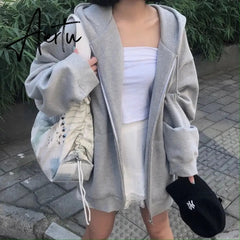 Women Hoodies Harajuku Korean Version Zip Up Loose Oversized Sweatshirts Casual Solid Color Long Sleeve Hooded Sweatshirt Coats Aiertu