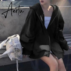 Women Hoodies Harajuku Korean Version Zip Up Loose Oversized Sweatshirts Casual Solid Color Long Sleeve Hooded Sweatshirt Coats Aiertu