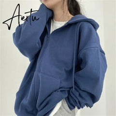 Women Hoodies Harajuku Korean Version Zip Up Loose Oversized Sweatshirts Casual Solid Color Long Sleeve Hooded Sweatshirt Coats Aiertu