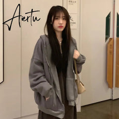 Women Hoodies Harajuku Korean Version Zip Up Loose Oversized Sweatshirts Casual Solid Color Long Sleeve Hooded Sweatshirt Coats Aiertu