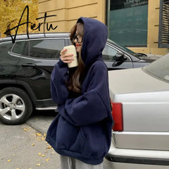 Women Hoodies Letter Embroidery Clothing Leisure Hooded Pullover All-match Streetwear Retro High Street Gothic Thickening Warm Aiertu