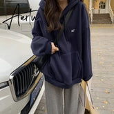 Women Hoodies Letter Embroidery Clothing Leisure Hooded Pullover All-match Streetwear Retro High Street Gothic Thickening Warm Aiertu