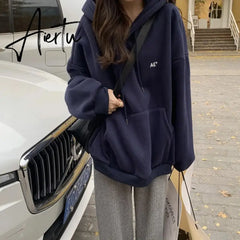 Women Hoodies Letter Embroidery Clothing Leisure Hooded Pullover All-match Streetwear Retro High Street Gothic Thickening Warm Aiertu
