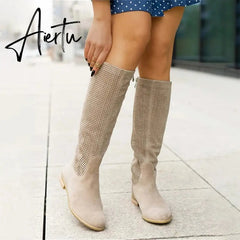 Women Knee High Boots Sexy Suede Winter Designer Luxury Casual Zipper Low Heel Female Shoes Comfortable Elegant Lady Boots Aiertu