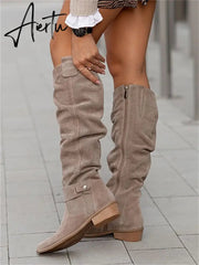 Women Knee High Boots Sexy Suede Winter Designer Luxury Casual Zipper Low Heel Female Shoes Comfortable Elegant Lady Boots Aiertu