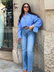 Aiertu Women Lapel Pocket Short Shirt Elegant Long Sleeve Single Breasted Office Lady Tops Summer Female Casual Striped Shirts Aiertu