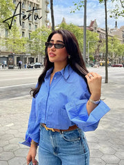 Aiertu Women Lapel Pocket Short Shirt Elegant Long Sleeve Single Breasted Office Lady Tops Summer Female Casual Striped Shirts Aiertu