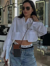 Aiertu Women Lapel Pocket Short Shirt Elegant Long Sleeve Single Breasted Office Lady Tops Summer Female Casual Striped Shirts Aiertu
