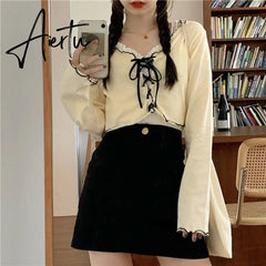 Women Long Sleeve T-shirts Lace-up Patchwork Ruffles Trendy Sweet Lovely Crop Tops Sexy Females Leisure Chic All-match Outwear Aiertu