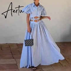 Women Maxi Dress Suspender Luxury Printed V Neck Slim Nipped Waist Backless Slit Ruffled Irregular Party Dresses Aiertu