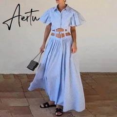 Women Maxi Dress Suspender Luxury Printed V Neck Slim Nipped Waist Backless Slit Ruffled Irregular Party Dresses Aiertu