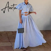 Women Maxi Dress Suspender Luxury Printed V Neck Slim Nipped Waist Backless Slit Ruffled Irregular Party Dresses Aiertu
