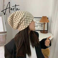 Women Men knitted Hat Hiphop Checkerboard Autumn Winter Korean Fashion Wool Cap Lovers Hat Warm Beanies Lattice Caps For Couple Aiertu