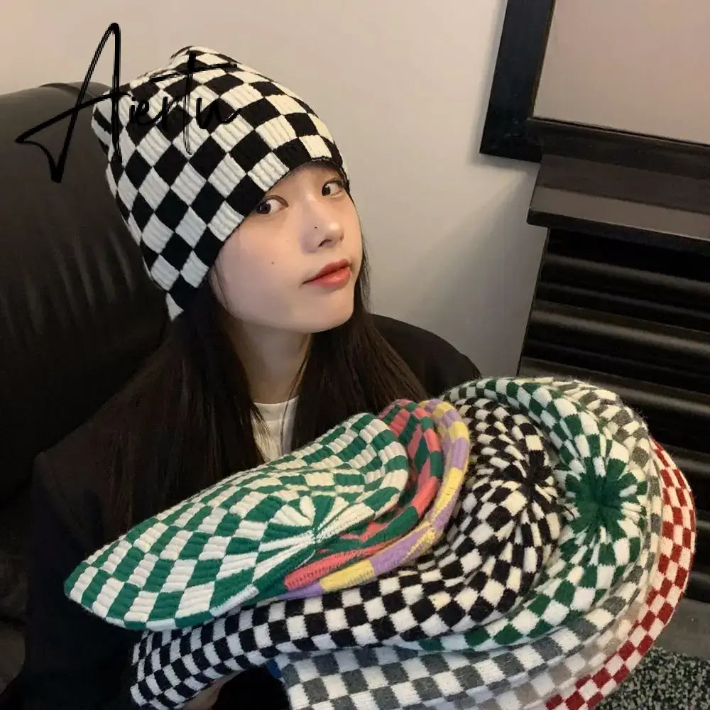Women Men knitted Hat Hiphop Checkerboard Autumn Winter Korean Fashion Wool Cap Lovers Hat Warm Beanies Lattice Caps For Couple Aiertu