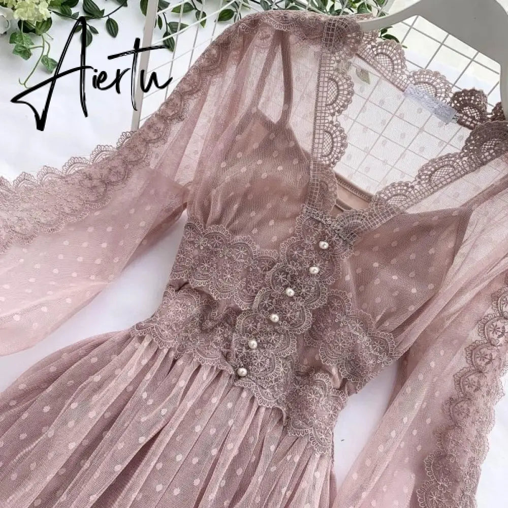 Aiertu Women Mesh Lace Crochet Dresses V-neck Elegant Prom Puff Sleeves Dress Women Summer Dot Prom Party Sexy Slim Swing Long Dress Aiertu