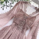 Aiertu Women Mesh Lace Crochet Dresses V-neck Elegant Prom Puff Sleeves Dress Women Summer Dot Prom Party Sexy Slim Swing Long Dress Aiertu