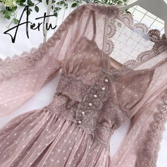 Aiertu Women Mesh Lace Crochet Dresses V-neck Elegant Prom Puff Sleeves Dress Women Summer Dot Prom Party Sexy Slim Swing Long Dress Aiertu