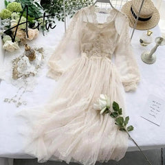 Aiertu Women Mesh Lace Crochet Dresses V-neck Elegant Prom Puff Sleeves Dress Women Summer Dot Prom Party Sexy Slim Swing Long Dress Aiertu