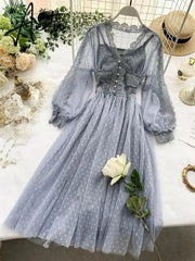 Aiertu Women Mesh Lace Crochet Dresses V-neck Elegant Prom Puff Sleeves Dress Women Summer Dot Prom Party Sexy Slim Swing Long Dress Aiertu