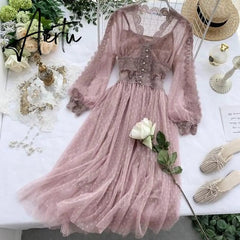 Aiertu Women Mesh Lace Crochet Dresses V-neck Elegant Prom Puff Sleeves Dress Women Summer Dot Prom Party Sexy Slim Swing Long Dress Aiertu