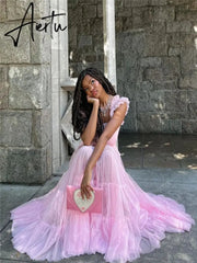Women Mesh Puffy Long Dress Summer Sweet Sleeveless Square Neck High Waist Pink Princess Dress Evening Party Clubwear Fairycore Aiertu