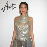 Women Midnight Stunning Hollow Out Hoodies Tank Top Backless Sexy Pile Collar Mini Vest T Shirts Glitter Summer Tee New Aiertu