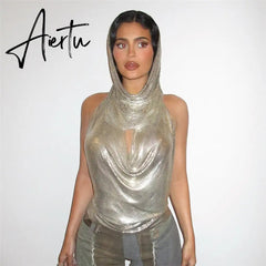Women Midnight Stunning Hollow Out Hoodies Tank Top Backless Sexy Pile Collar Mini Vest T Shirts Glitter Summer Tee New Aiertu